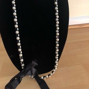 Black Ribbon & Pearl Long Necklace!